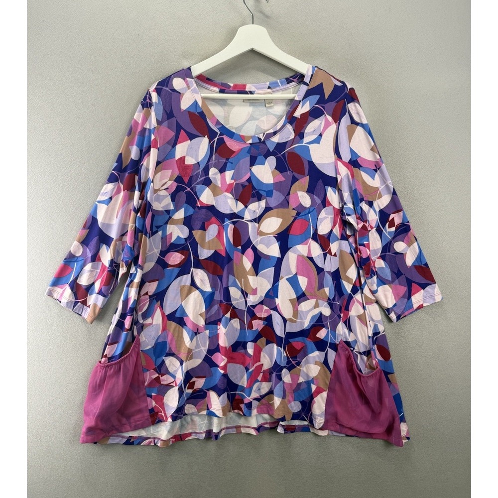 LOGO Lori Goldstein XL Tunic Top Abstract Floral 3/4 Sleeve Pink Pockets Stretch